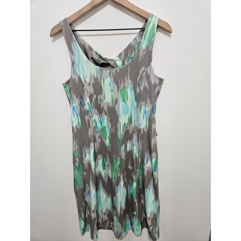 Eddie‎ Bauer Travex Womens Medium Green Blue Abstract Ikat Twist Back Dress
